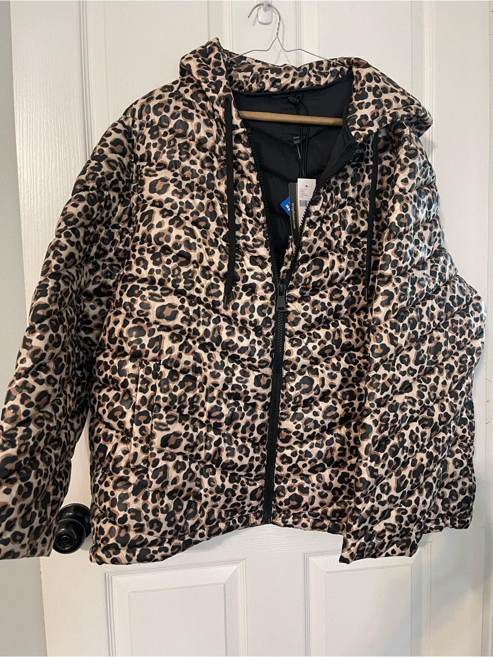 Lane Bryant Leopard Print Black and Beige Leopard Print Hooded Puffer Jacket